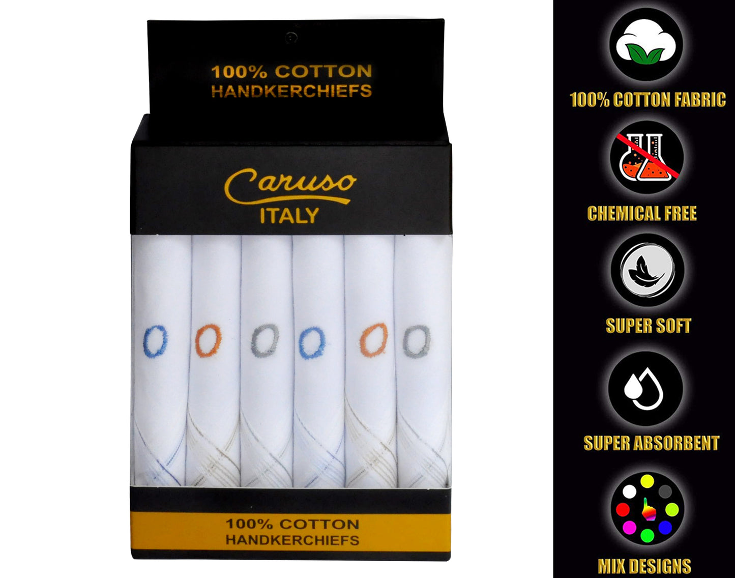 Caruso Italy Men's Initial Monogram O Embroidery 100% Pure Cotton Handkerchief White Base With Colored Border - Pack Of 6