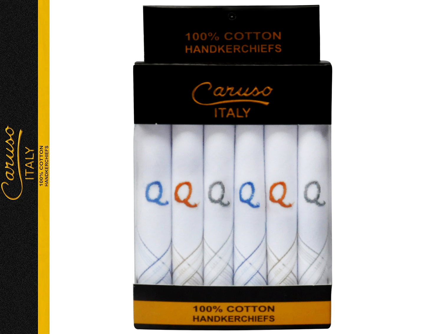 Caruso Italy Men's Initial Monogram Q Embroidery 100% Pure Cotton Handkerchief White Base With Colored Border - Pack Of 6