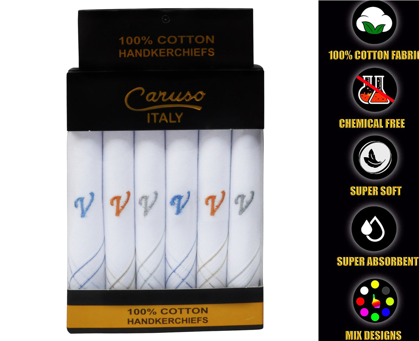 Caruso Italy Men's Initial Monogram V Embroidery 100% Pure Cotton Handkerchief White Base With Colored Border - Pack Of 6