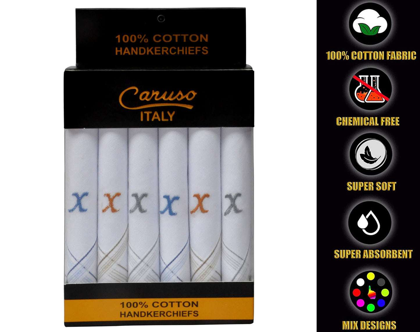 Caruso Italy Men's Initial Monogram X Embroidery 100% Pure Cotton Handkerchief White Base With Colored Border - Pack Of 6