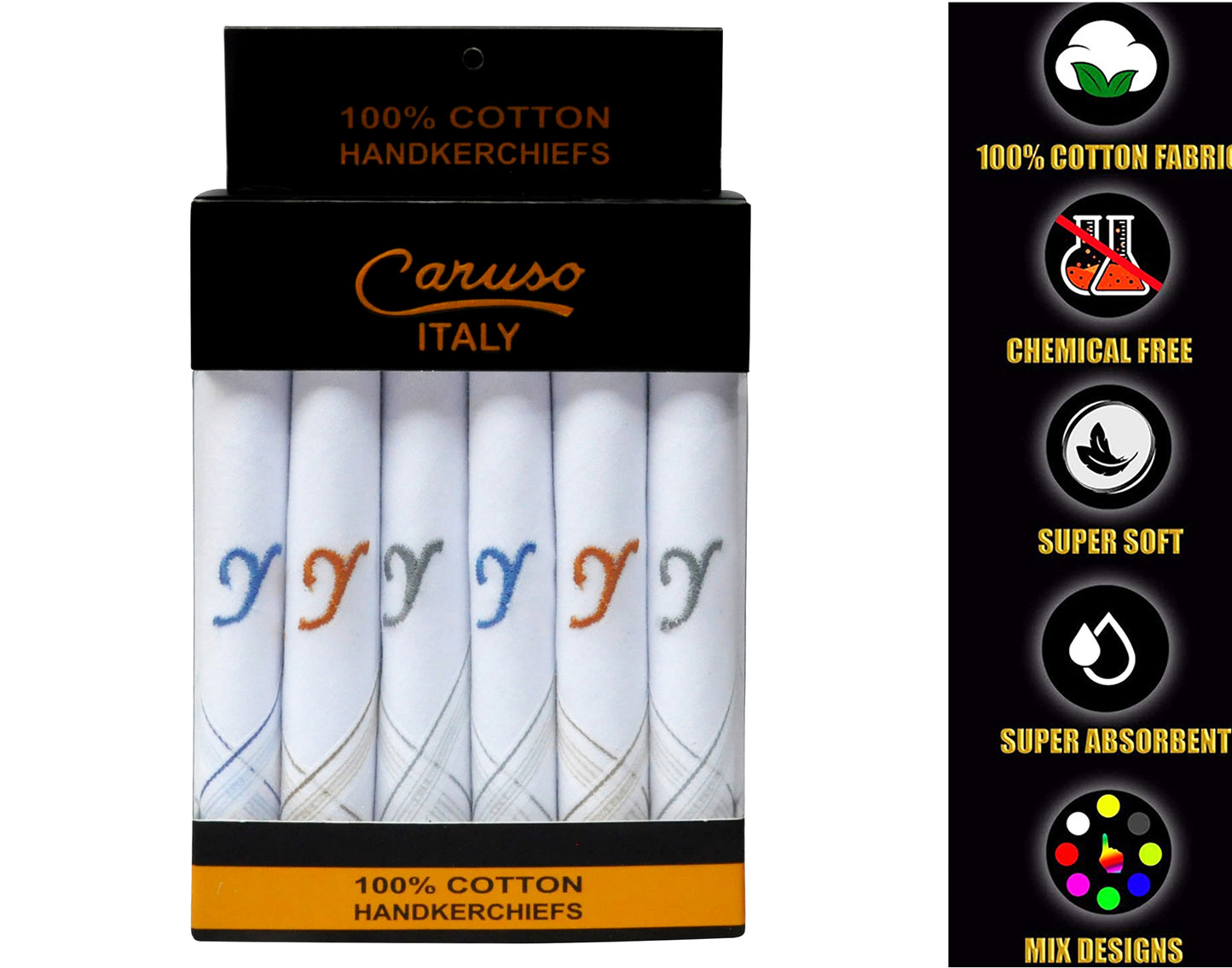 Caruso Italy Men's Initial Monogram Y Embroidery 100% Pure Cotton Handkerchief White Base With Colored Border - Pack Of 6