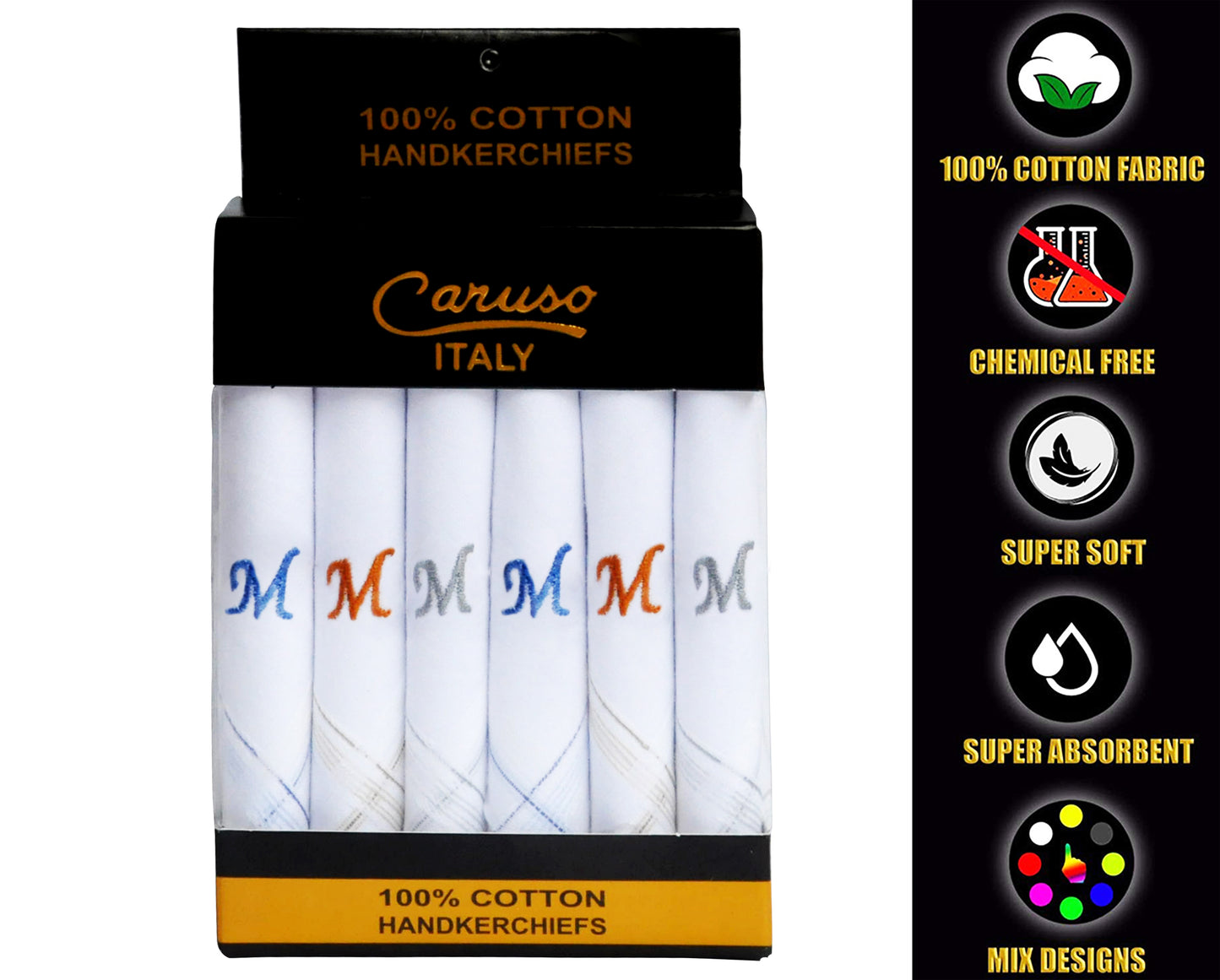 Caruso Italy Men's Initial Monogram M Embroidery 100% Pure Cotton Handkerchief White Base With Colored Border - Pack Of 6
