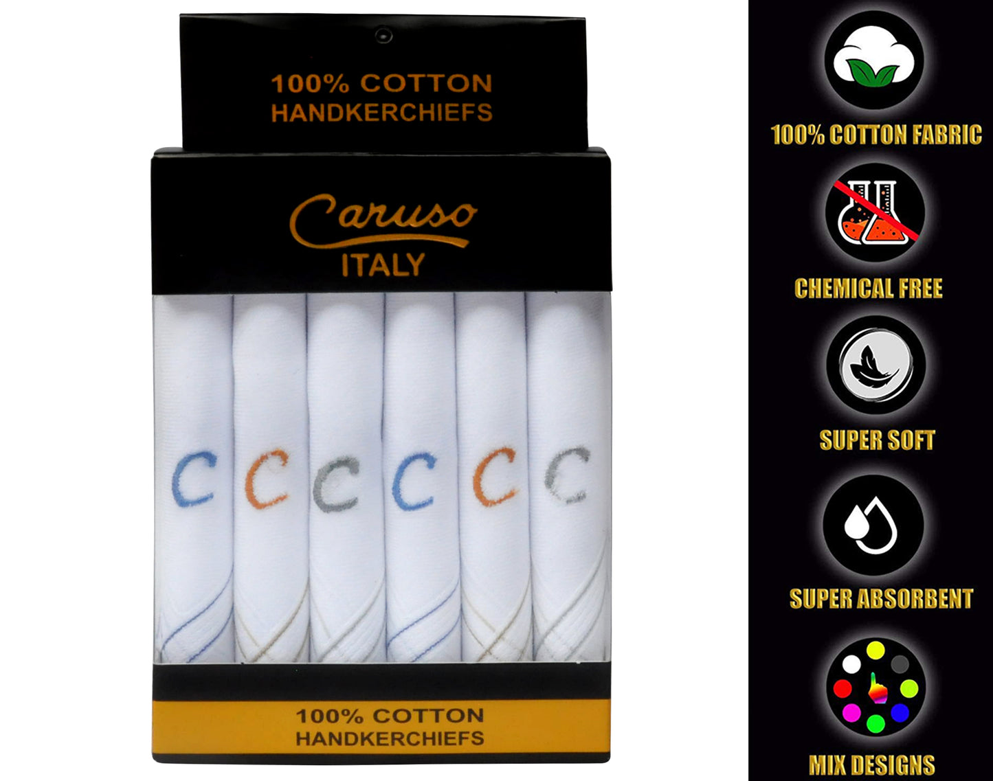 Caruso Italy Men's Initial Monogram C Embroidery 100% Pure Cotton Handkerchief White Base With Colored Border - Pack Of 6