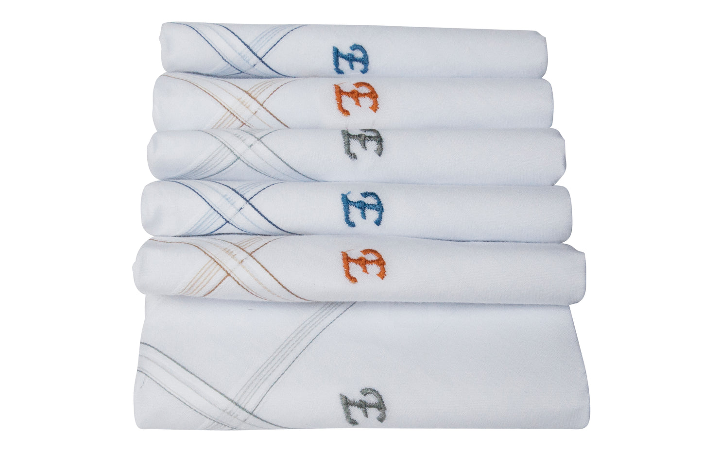 Caruso Italy Men's Initial Monogram E Embroidery 100% Pure Cotton Handkerchief White Base With Colored Border - Pack Of 6