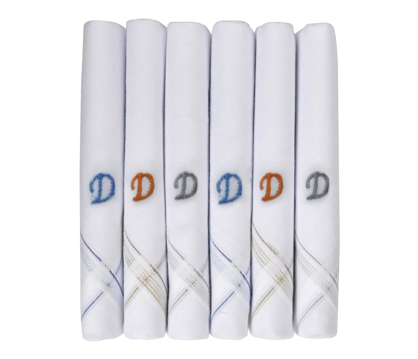 Caruso Italy Men's Initial Monogram D Embroidery 100% Pure Cotton Handkerchief White Base With Colored Border - Pack Of 6