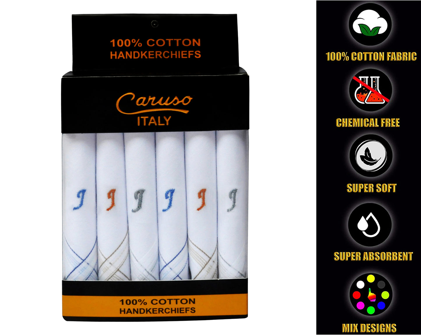 Caruso Italy Men's Initial Monogram J Embroidery 100% Pure Cotton Handkerchief White Base With Colored Border - Pack Of 6
