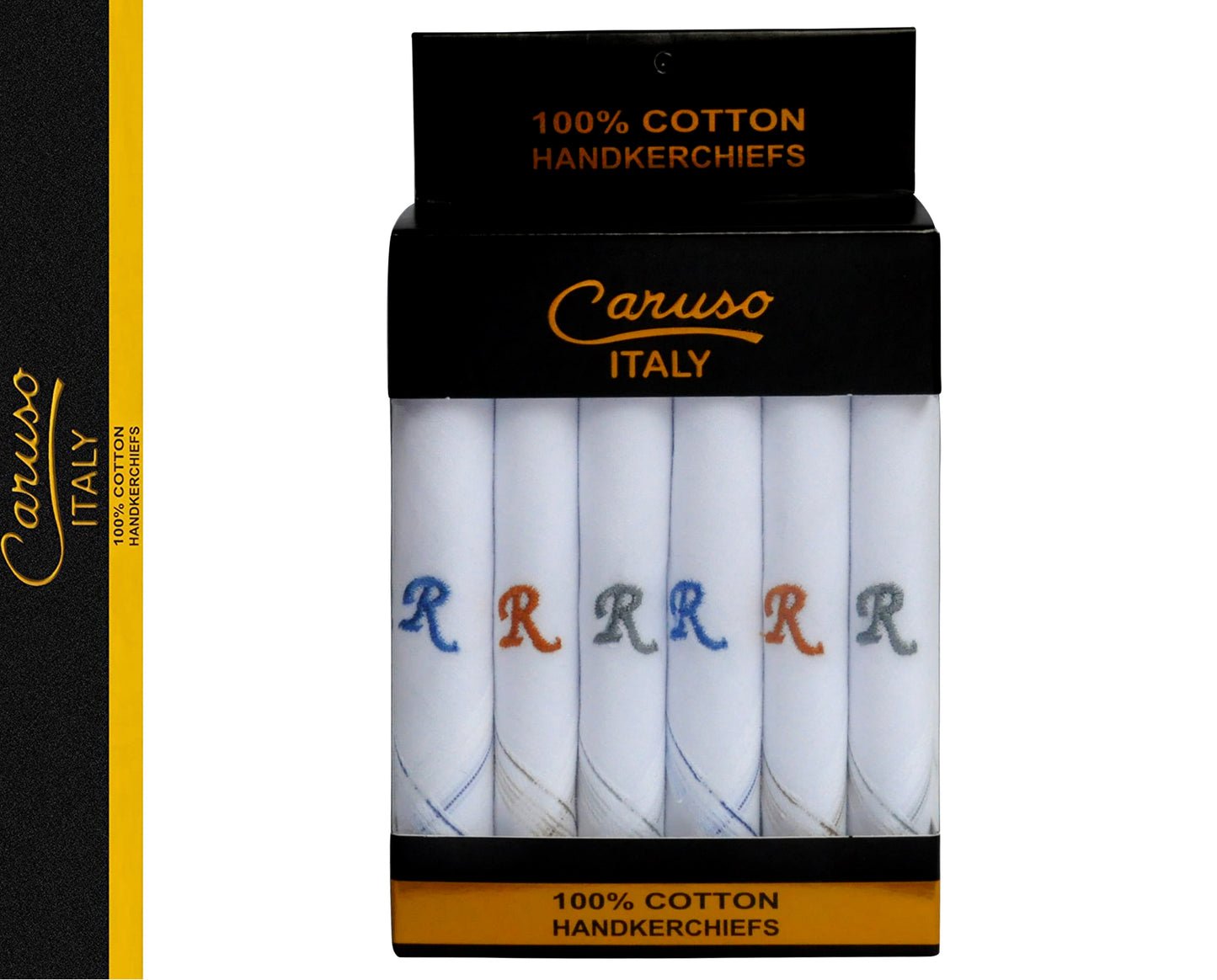 Caruso Italy Men's Initial Monogram R Embroidery 100% Pure Cotton Handkerchief White Base With Colored Border - Pack Of 6