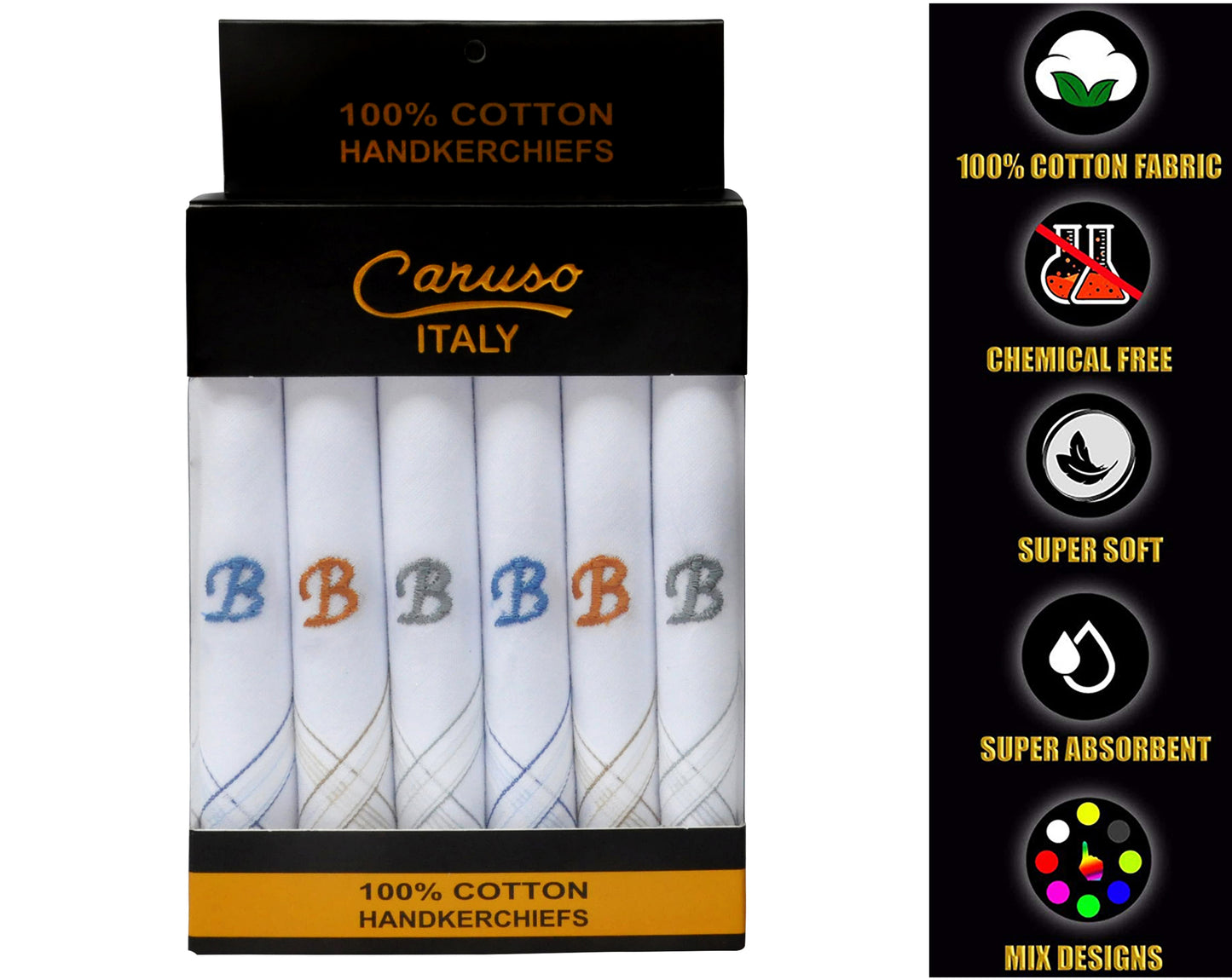 Caruso Italy Men's Initial Monogram B Embroidery 100% Pure Cotton Handkerchief White Base With Colored Border - Pack Of 6