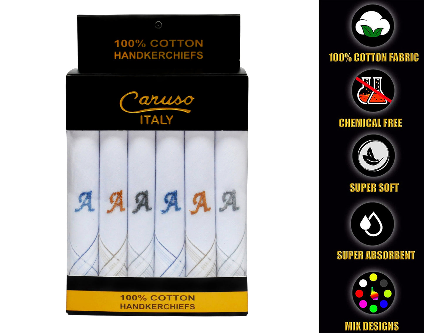 Caruso Italy Men's Initial Monogram A Embroidery 100% Pure Cotton Handkerchief White Base With Colored Border - Pack Of 6