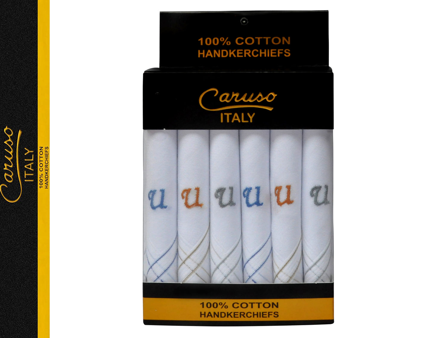 Caruso Italy Men's Initial Monogram U Embroidery 100% Pure Cotton Handkerchief White Base With Colored Border - Pack Of 6