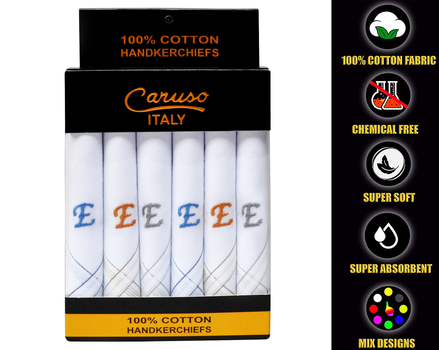 Caruso Italy Men's Initial Monogram E Embroidery 100% Pure Cotton Handkerchief White Base With Colored Border - Pack Of 6