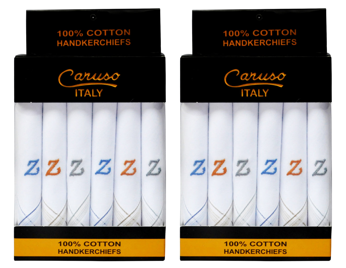 Caruso Italy Men's Initial Monogram Z Embroidery 100% Pure Cotton Handkerchief White Base With Colored Border - Pack Of 6