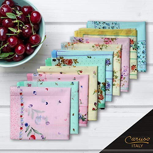 Caruso Italy Women's Floral 100% Pure Cotton Multicolor Handkerchief - Pack of 10