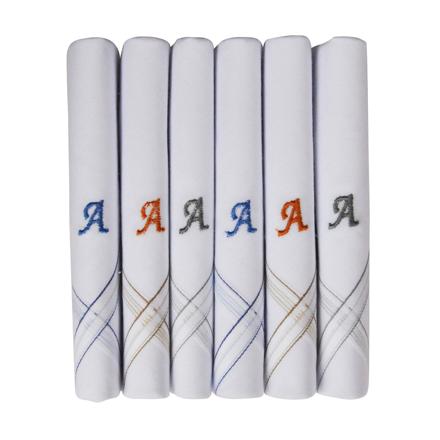 Caruso Italy Men's Initial Monogram A Embroidery 100% Pure Cotton Handkerchief White Base With Colored Border - Pack Of 6