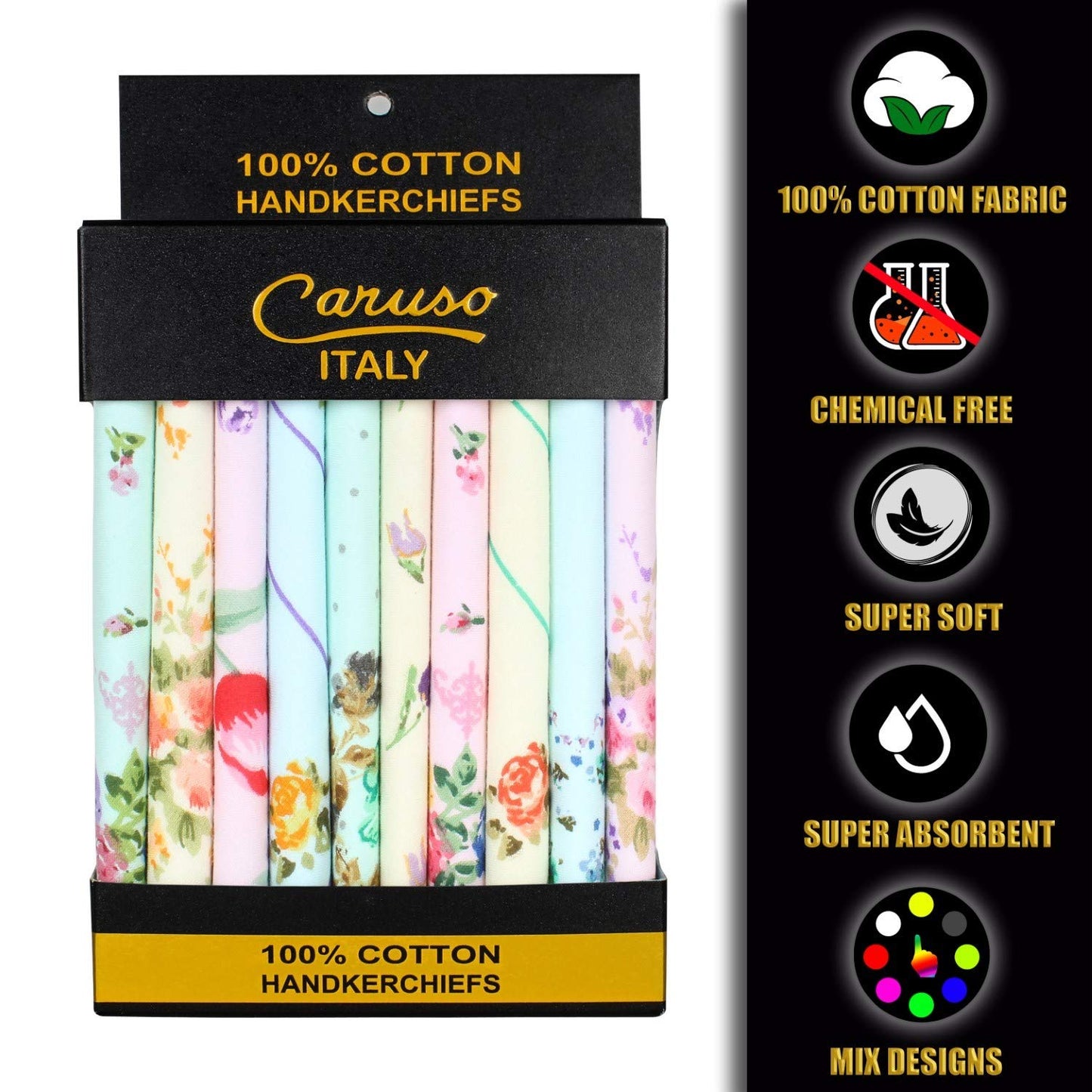 Caruso Italy Women's Floral 100% Pure Cotton Multicolor Handkerchief - Pack of 10