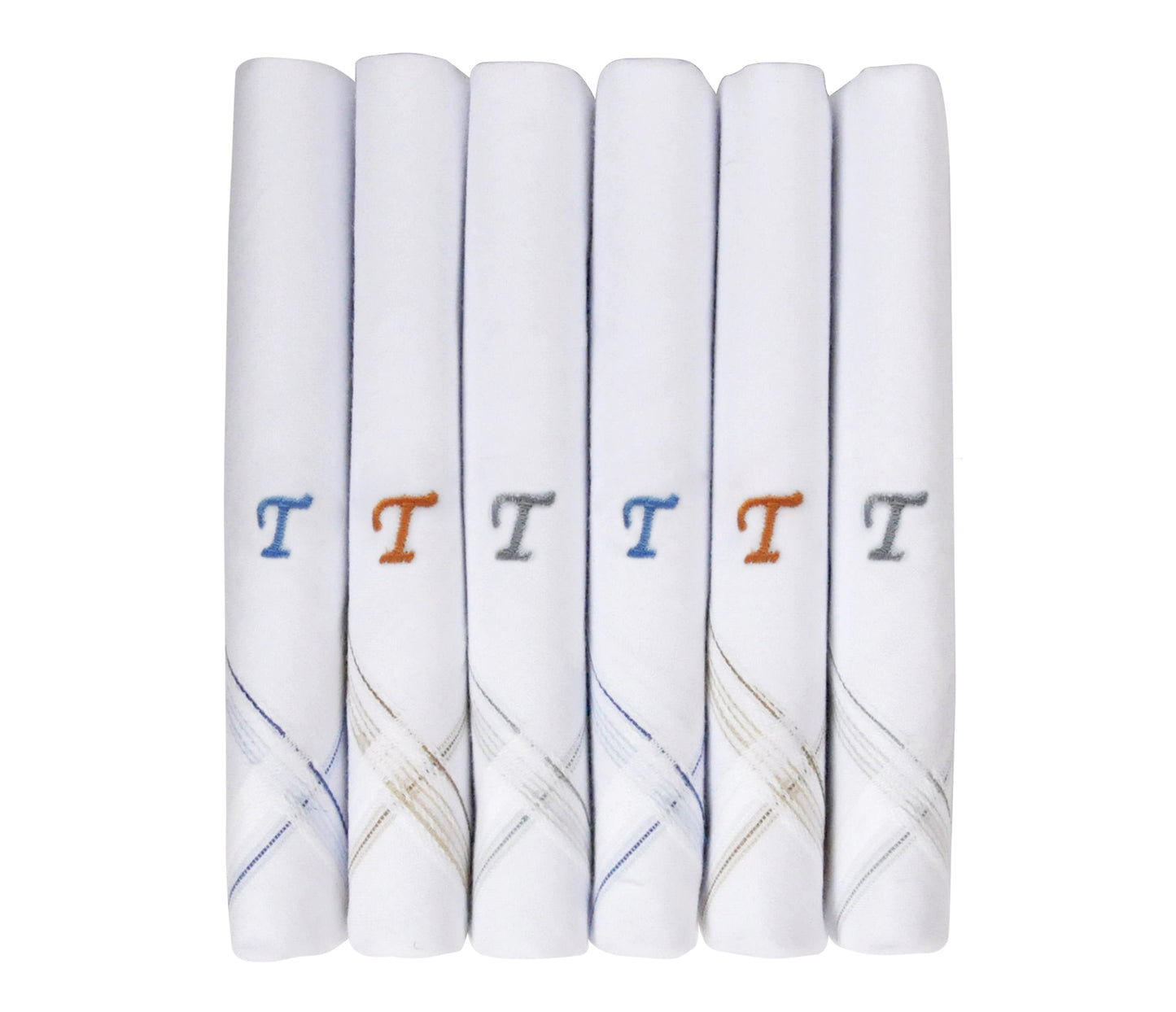 Caruso Italy Men's Initial Monogram T Embroidery 100% Pure Cotton Handkerchief White Base With Colored Border - Pack Of 6