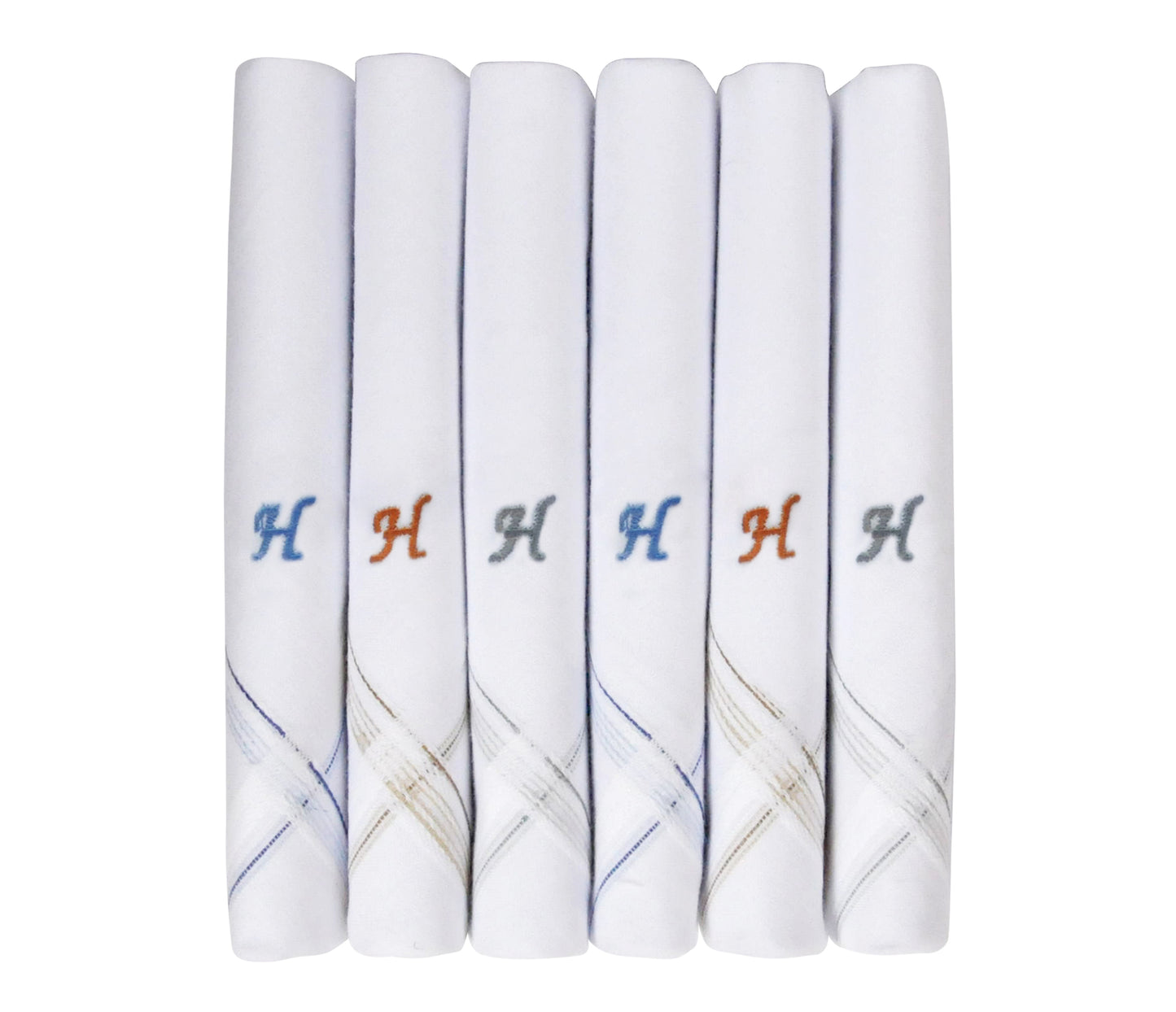Caruso Italy Men's Initial Monogram H Embroidery 100% Pure Cotton Handkerchief White Base With Colored Border - Pack Of 6