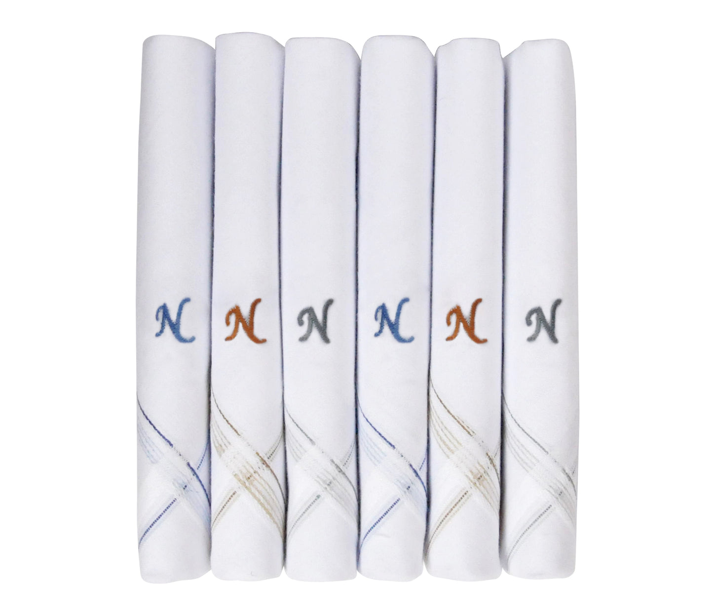 Caruso Italy Men's Initial Monogram N Embroidery 100% Pure Cotton Handkerchief White Base With Colored Border - Pack Of 6