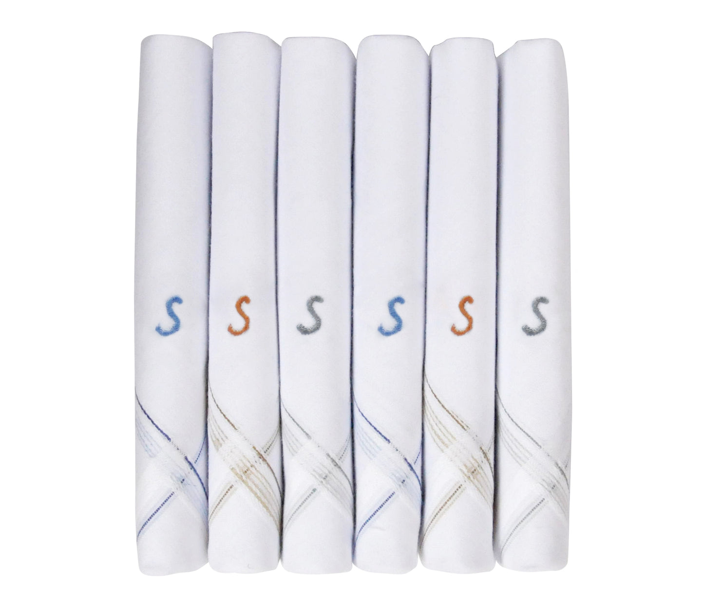 Caruso Italy Men's Initial Monogram S Embroidery 100% Pure Cotton Handkerchief White Base With Colored Border - Pack Of 6