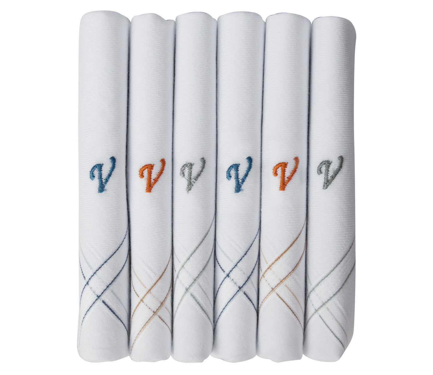 Caruso Italy Men's Initial Monogram V Embroidery 100% Pure Cotton Handkerchief White Base With Colored Border - Pack Of 6