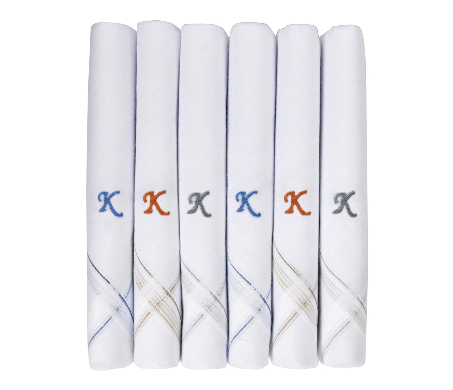 Caruso Italy Men's Initial Monogram K Embroidery 100% Pure Cotton Handkerchief White Base With Colored Border - Pack Of 6