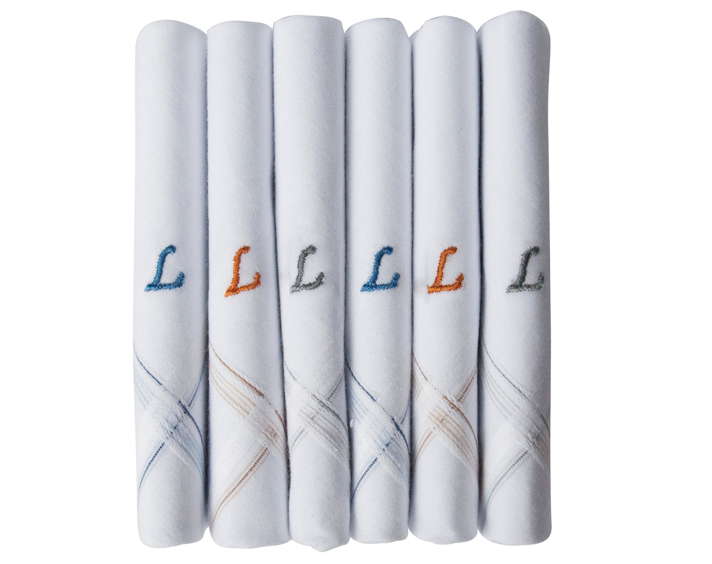Caruso Italy Men's Initial Monogram L Embroidery 100% Pure Cotton Handkerchief White Base With Colored Border - Pack Of 6