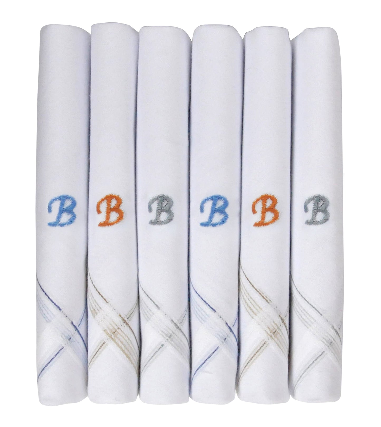 Caruso Italy Men's Initial Monogram B Embroidery 100% Pure Cotton Handkerchief White Base With Colored Border - Pack Of 6