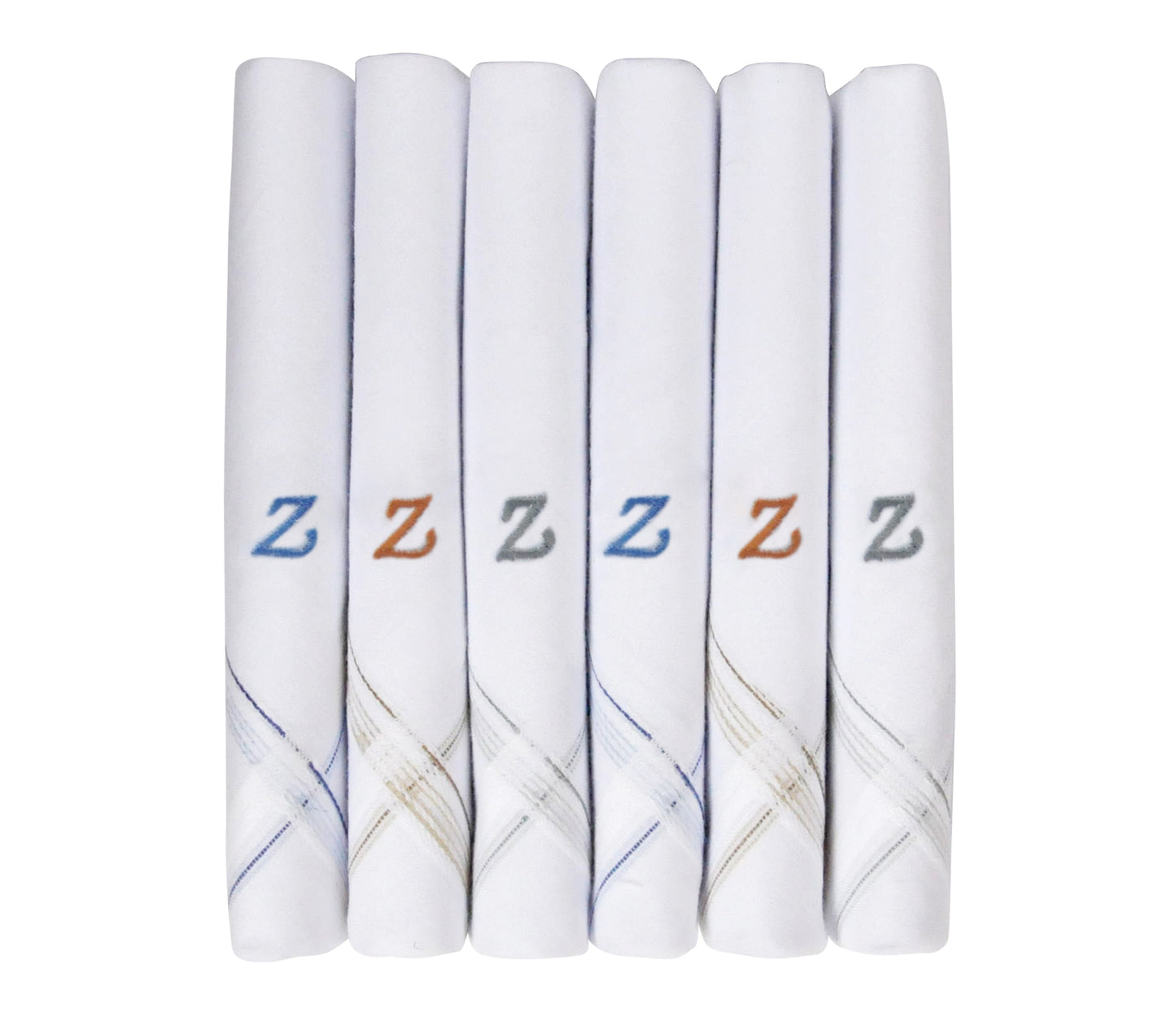 Caruso Italy Men's Initial Monogram Z Embroidery 100% Pure Cotton Handkerchief White Base With Colored Border - Pack Of 6