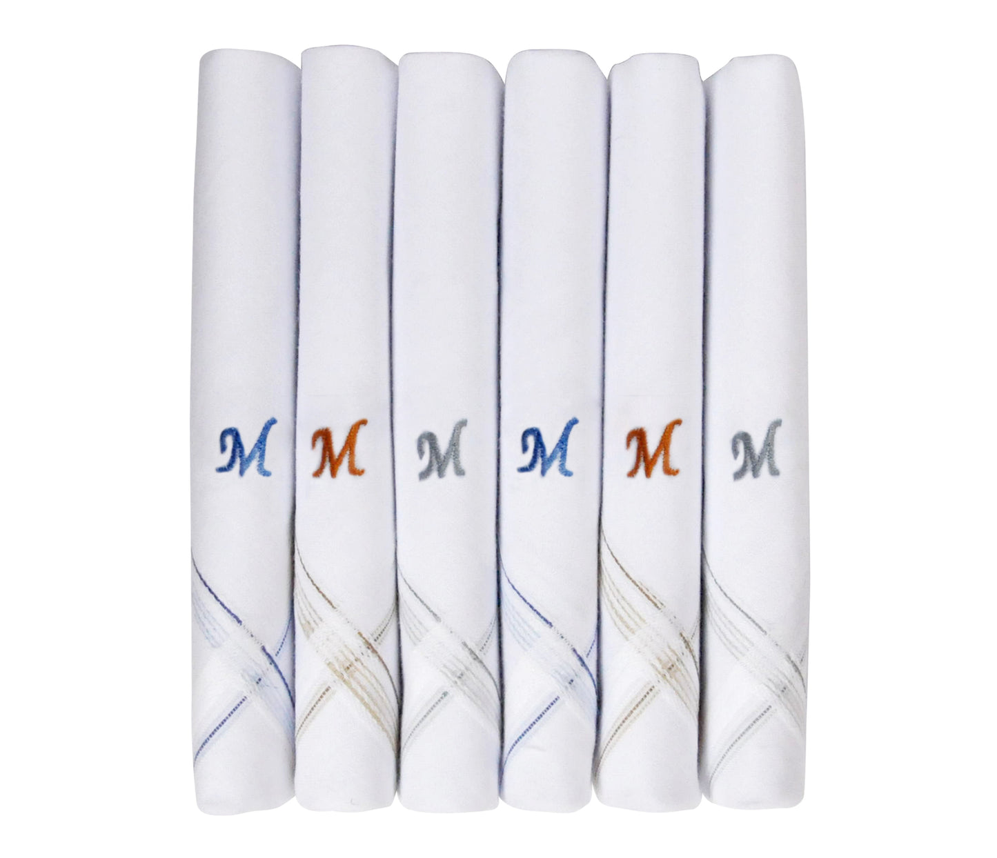 Caruso Italy Men's Initial Monogram M Embroidery 100% Pure Cotton Handkerchief White Base With Colored Border - Pack Of 6