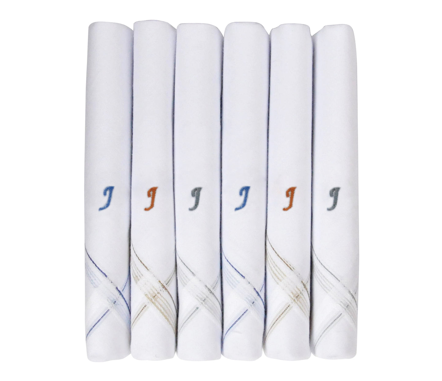 Caruso Italy Men's Initial Monogram J Embroidery 100% Pure Cotton Handkerchief White Base With Colored Border - Pack Of 6