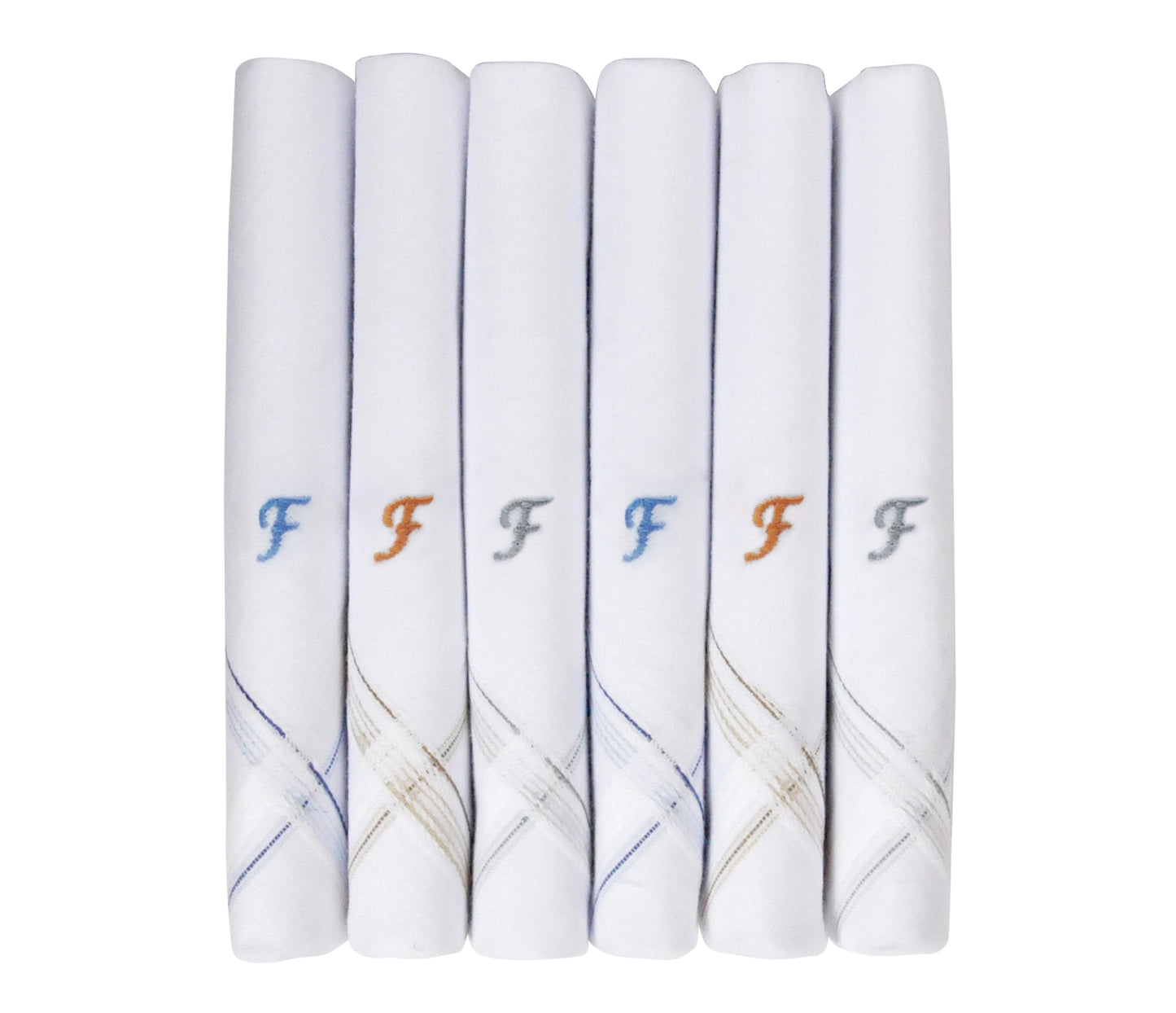 Caruso Italy Men's Initial Monogram F Embroidery 100% Pure Cotton Handkerchief White Base With Colored Border - Pack Of 6