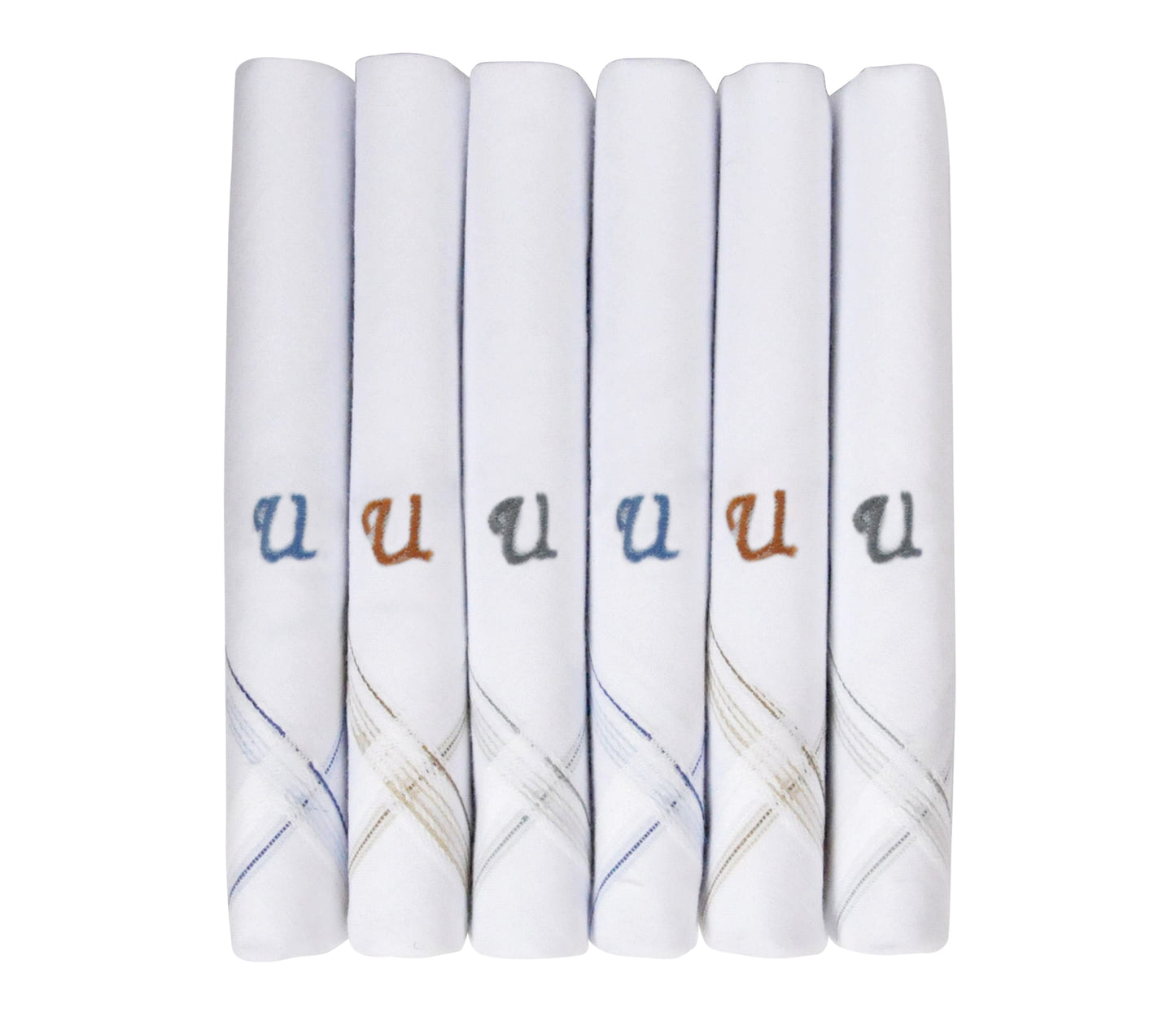 Caruso Italy Men's Initial Monogram U Embroidery 100% Pure Cotton Handkerchief White Base With Colored Border - Pack Of 6