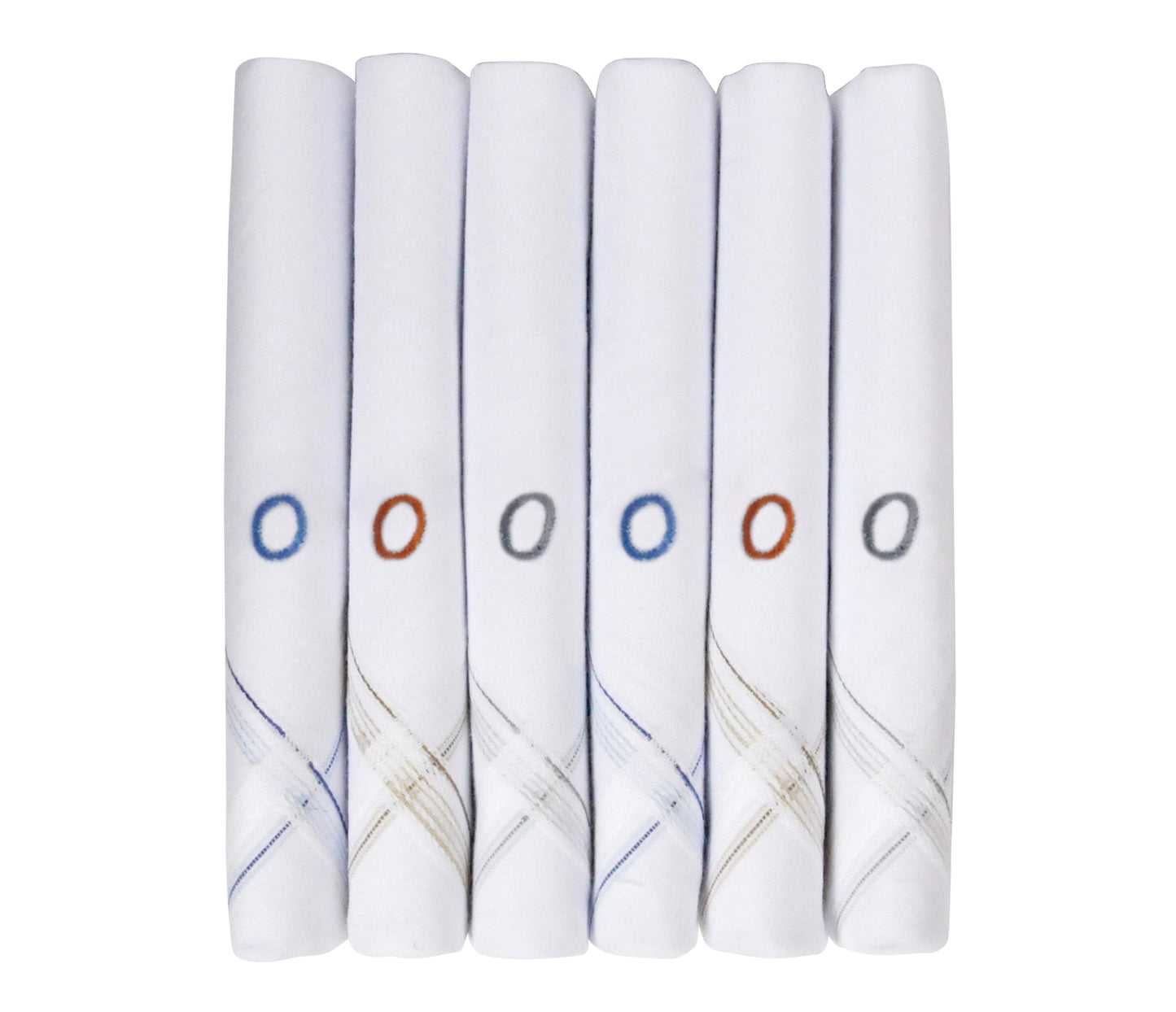 Caruso Italy Men's Initial Monogram O Embroidery 100% Pure Cotton Handkerchief White Base With Colored Border - Pack Of 6