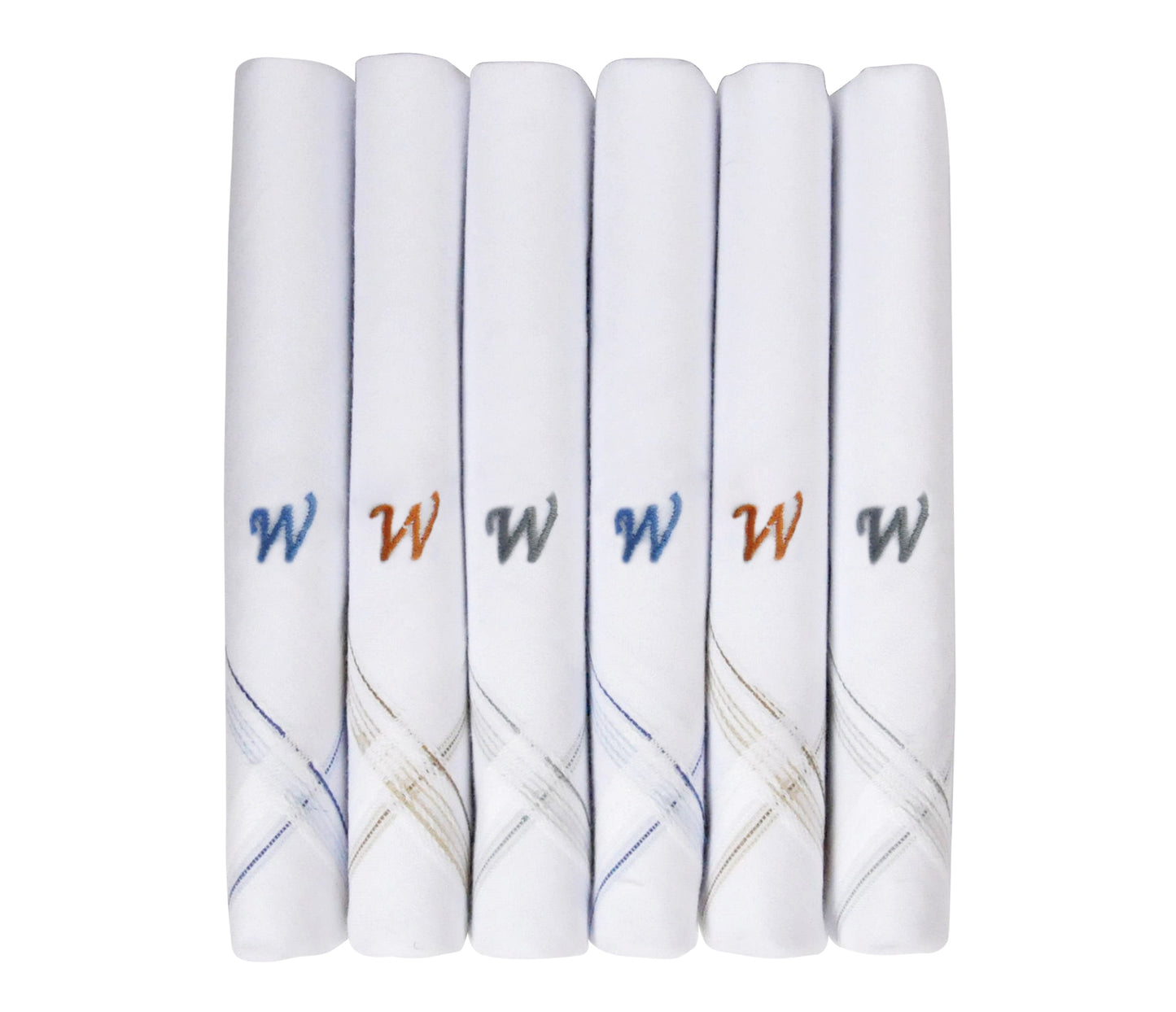 Caruso Italy Men's Initial Monogram W Embroidery 100% Pure Cotton Handkerchief White Base With Colored Border - Pack Of 6