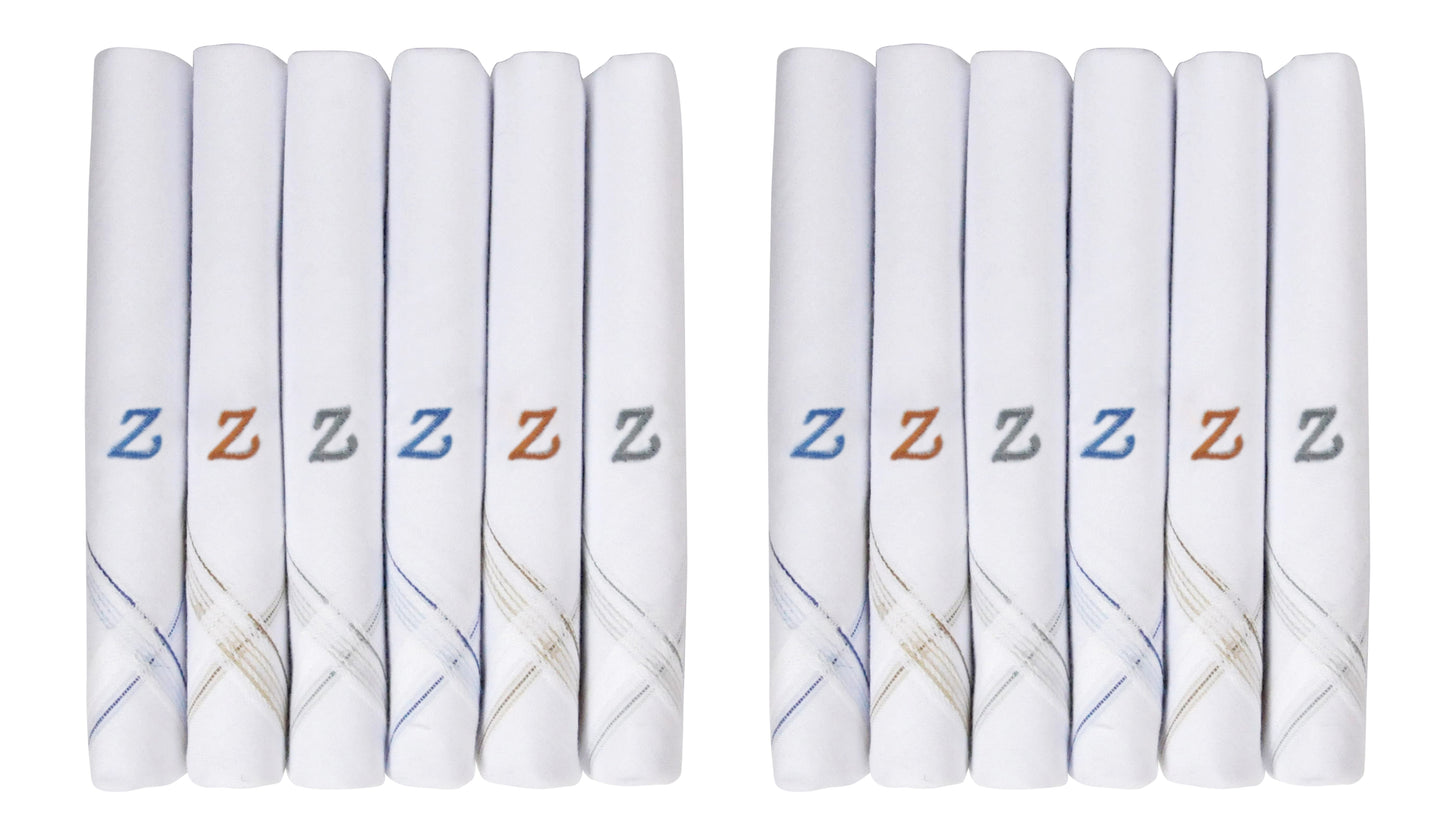 Caruso Italy Men's Initial Monogram Z Embroidery 100% Pure Cotton Handkerchief White Base With Colored Border - Pack Of 6