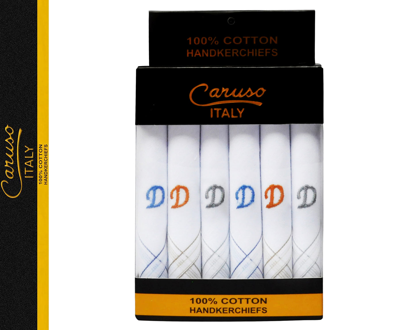 Caruso Italy Men's Initial Monogram D Embroidery 100% Pure Cotton Handkerchief White Base With Colored Border - Pack Of 6