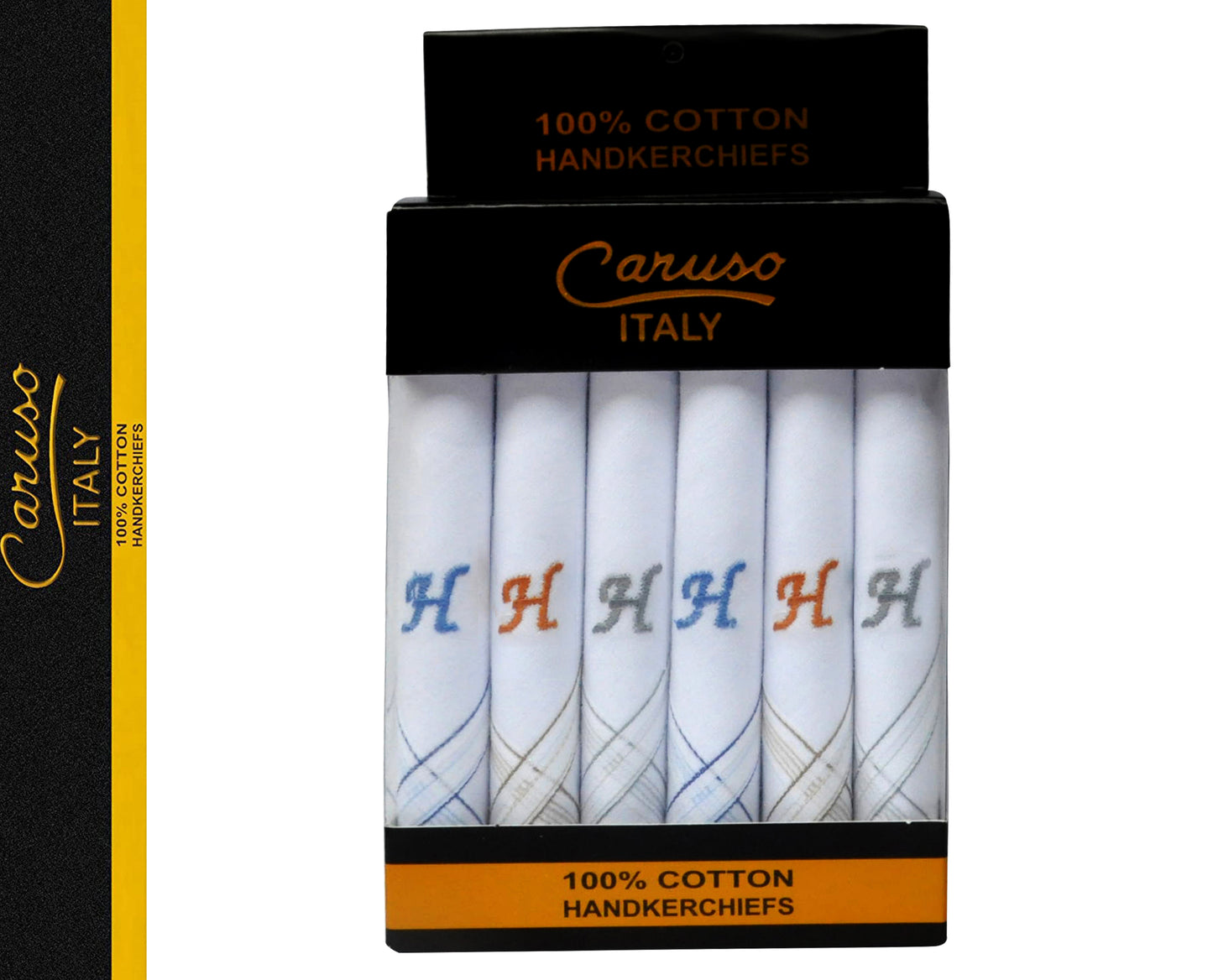Caruso Italy Men's Initial Monogram H Embroidery 100% Pure Cotton Handkerchief White Base With Colored Border - Pack Of 6