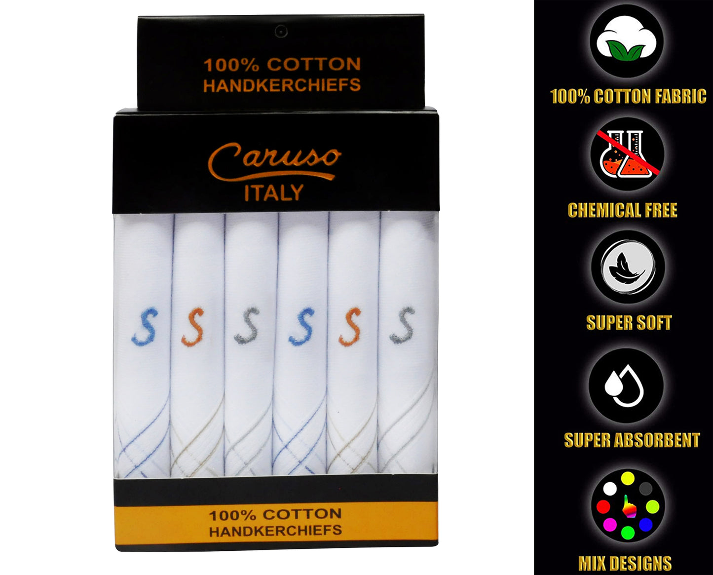 Caruso Italy Men's Initial Monogram S Embroidery 100% Pure Cotton Handkerchief White Base With Colored Border - Pack Of 6