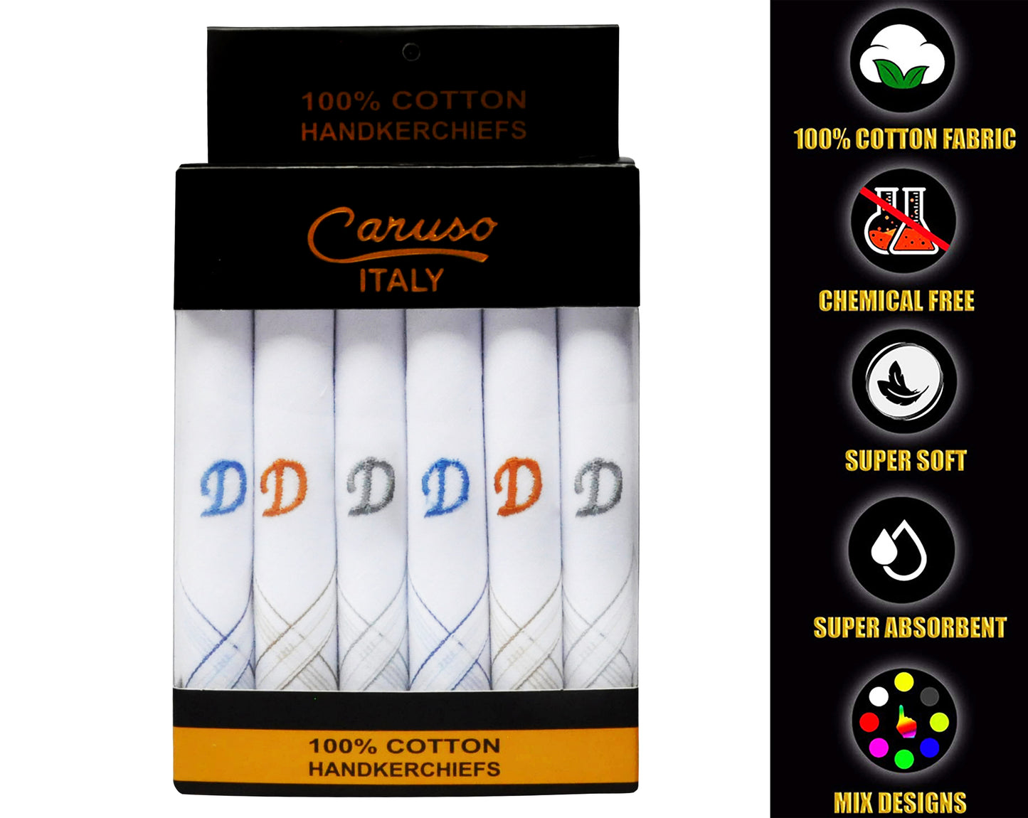 Caruso Italy Men's Initial Monogram D Embroidery 100% Pure Cotton Handkerchief White Base With Colored Border - Pack Of 6