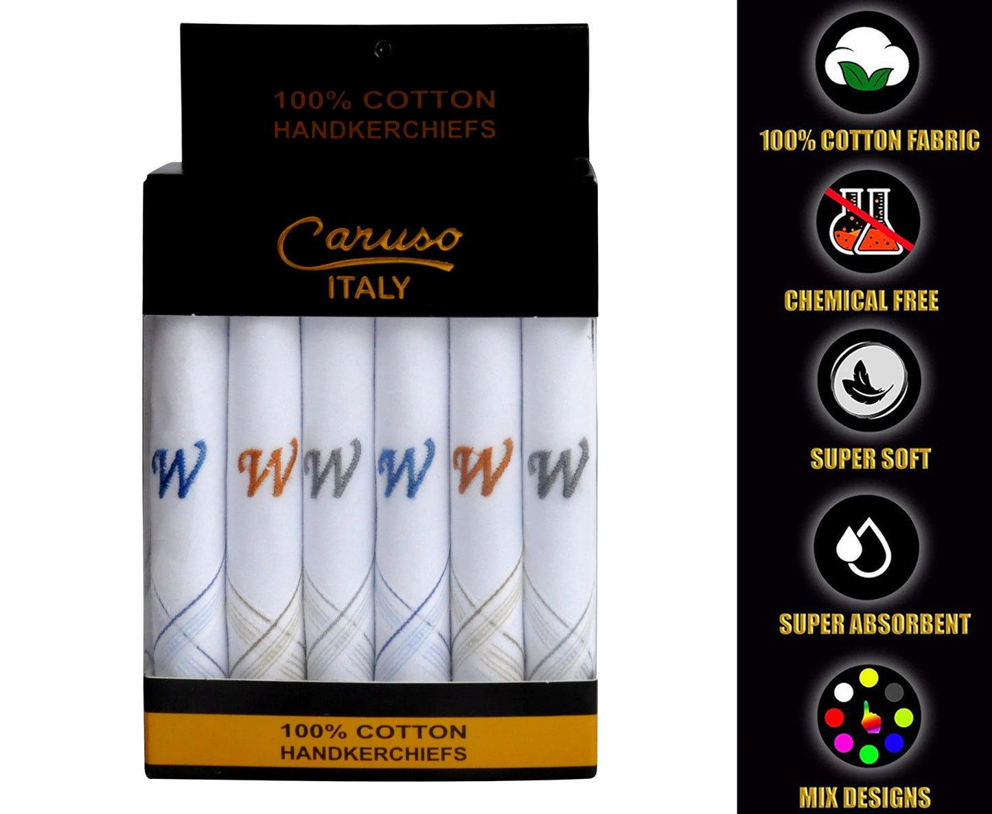 Caruso Italy Men's Initial Monogram W Embroidery 100% Pure Cotton Handkerchief White Base With Colored Border - Pack Of 6