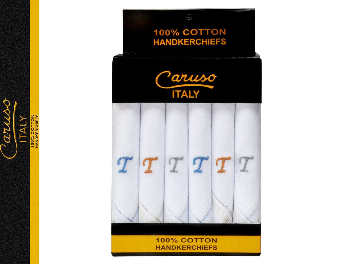 Caruso Italy Men's Initial Monogram T Embroidery 100% Pure Cotton Handkerchief White Base With Colored Border - Pack Of 6