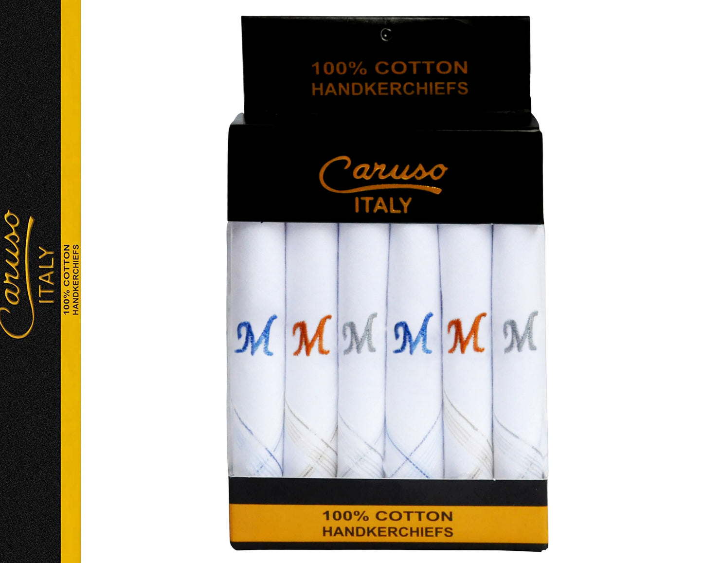 Caruso Italy Men's Initial Monogram M Embroidery 100% Pure Cotton Handkerchief White Base With Colored Border - Pack Of 6