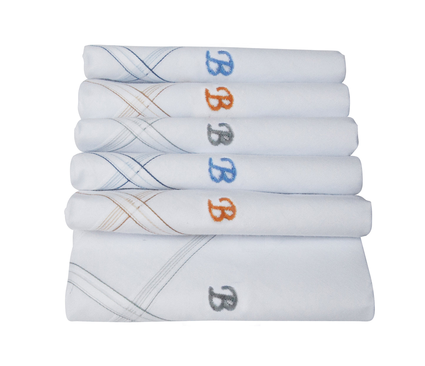 Caruso Italy Men's Initial Monogram B Embroidery 100% Pure Cotton Handkerchief White Base With Colored Border - Pack Of 6