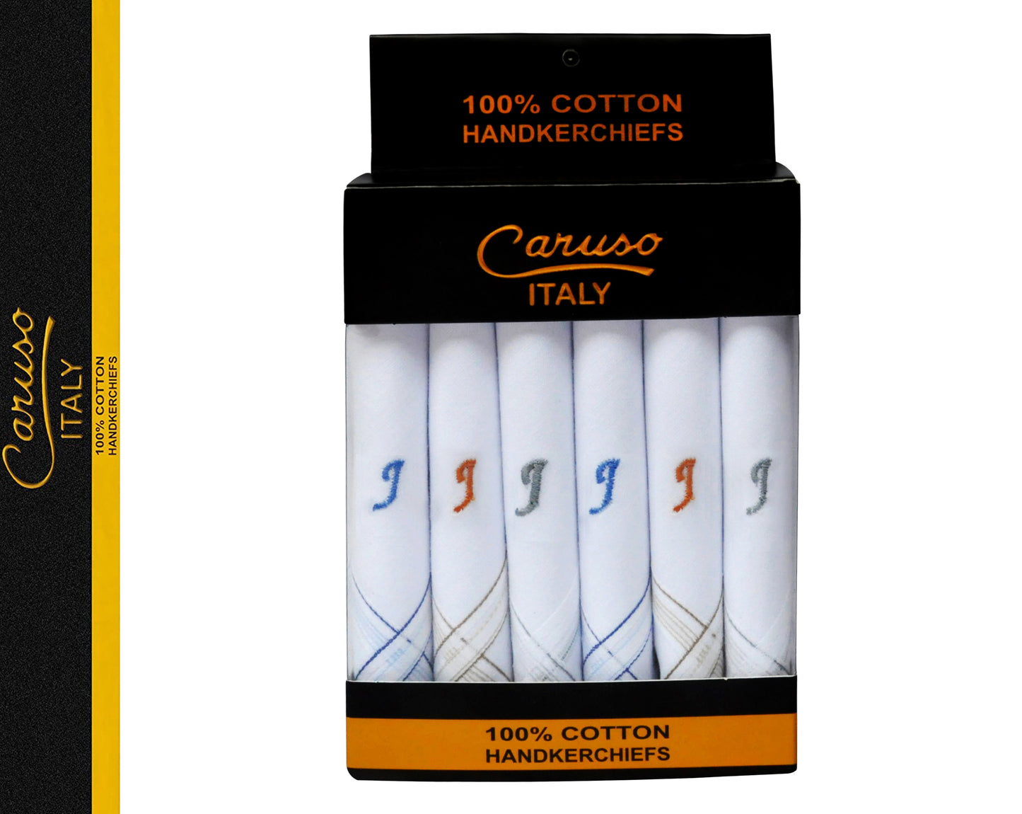 Caruso Italy Men's Initial Monogram J Embroidery 100% Pure Cotton Handkerchief White Base With Colored Border - Pack Of 6