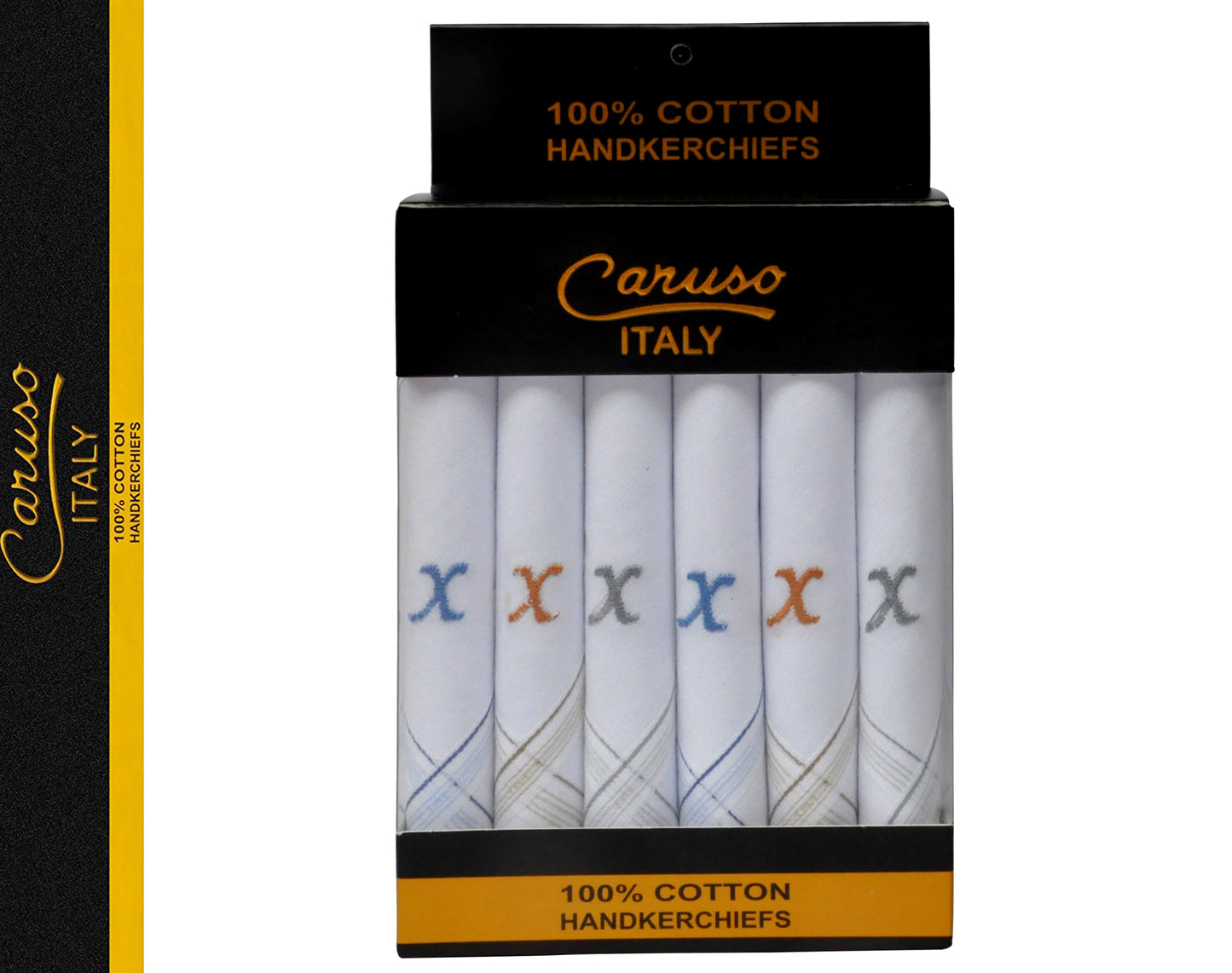 Caruso Italy Men's Initial Monogram X Embroidery 100% Pure Cotton Handkerchief White Base With Colored Border - Pack Of 6