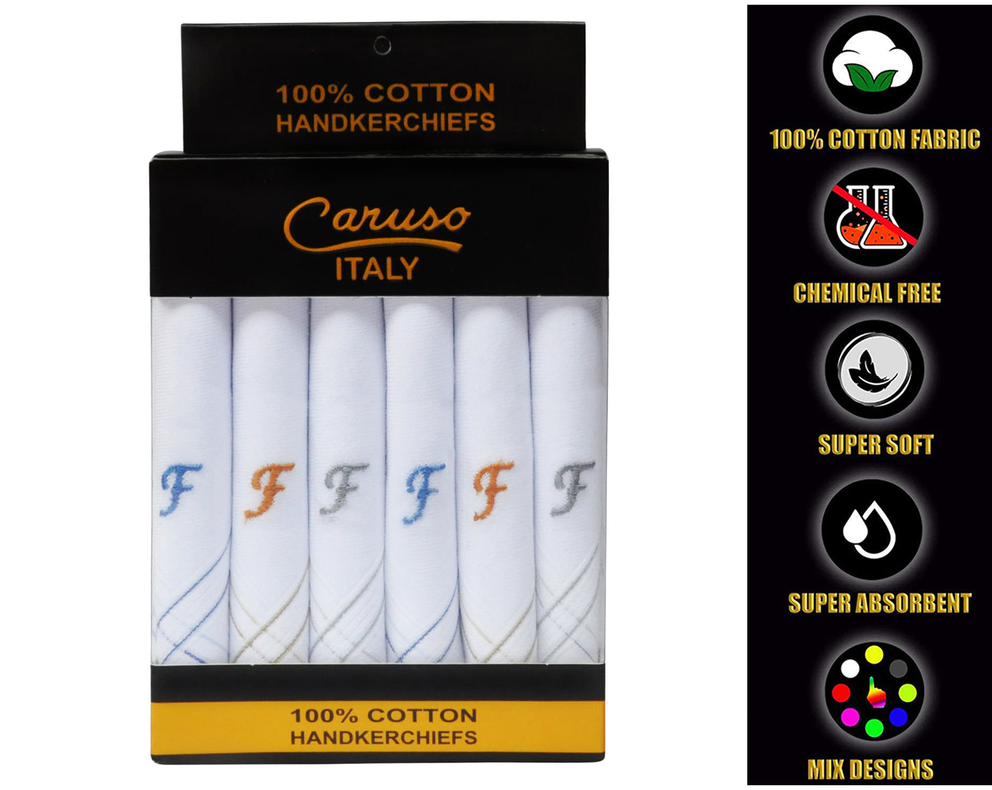 Caruso Italy Men's Initial Monogram F Embroidery 100% Pure Cotton Handkerchief White Base With Colored Border - Pack Of 6