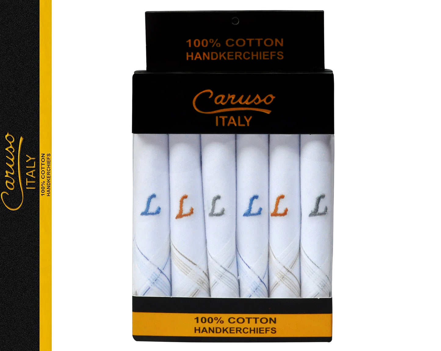 Caruso Italy Men's Initial Monogram L Embroidery 100% Pure Cotton Handkerchief White Base With Colored Border - Pack Of 6