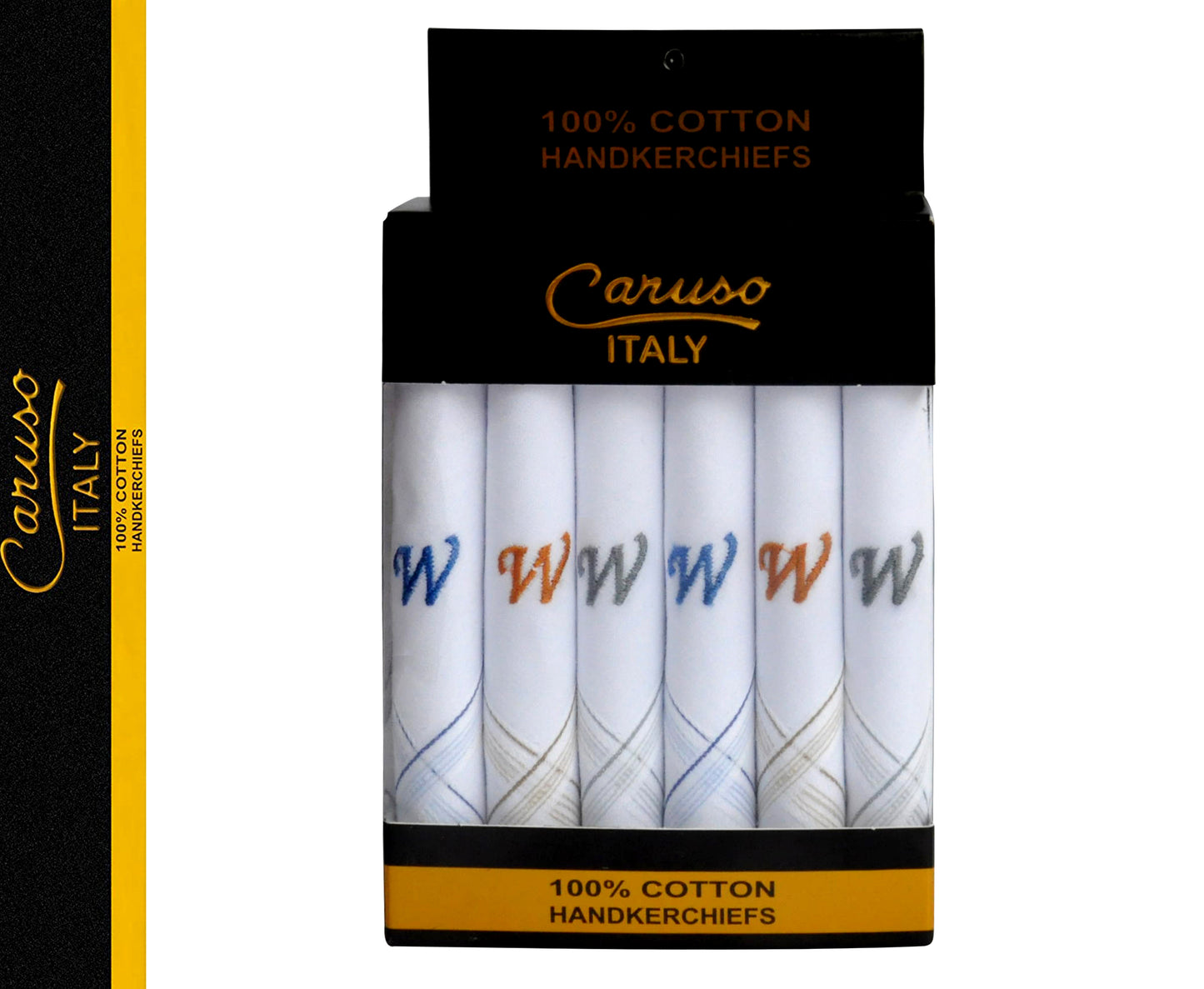 Caruso Italy Men's Initial Monogram W Embroidery 100% Pure Cotton Handkerchief White Base With Colored Border - Pack Of 6