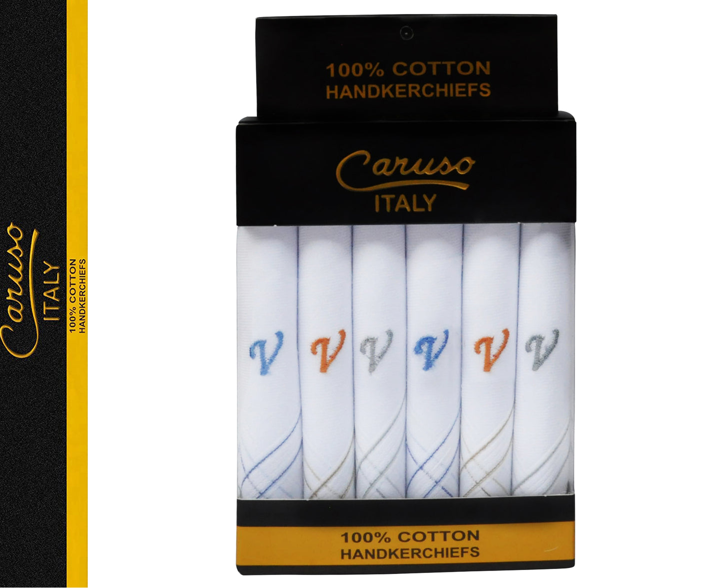 Caruso Italy Men's Initial Monogram V Embroidery 100% Pure Cotton Handkerchief White Base With Colored Border - Pack Of 6