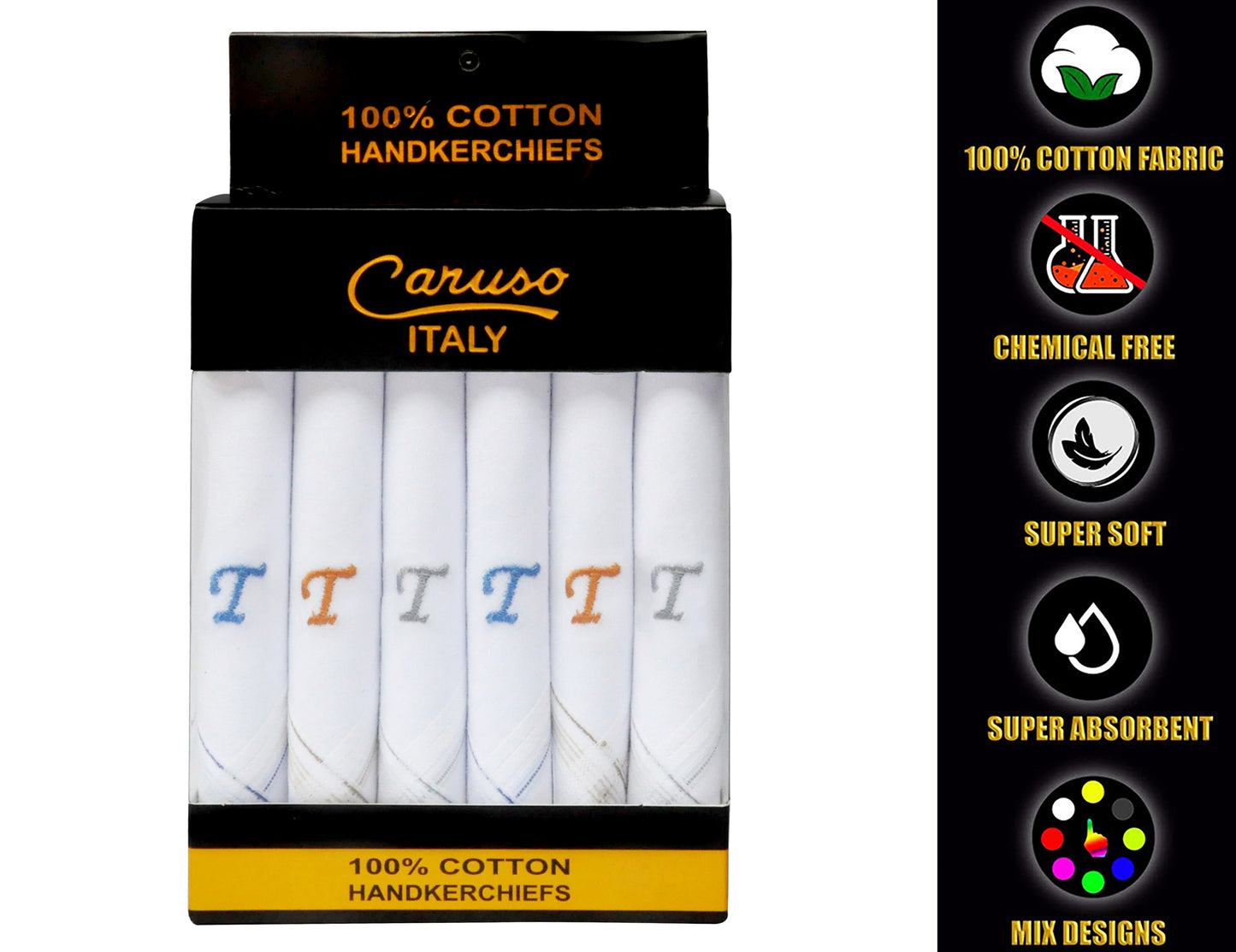 Caruso Italy Men's Initial Monogram T Embroidery 100% Pure Cotton Handkerchief White Base With Colored Border - Pack Of 6